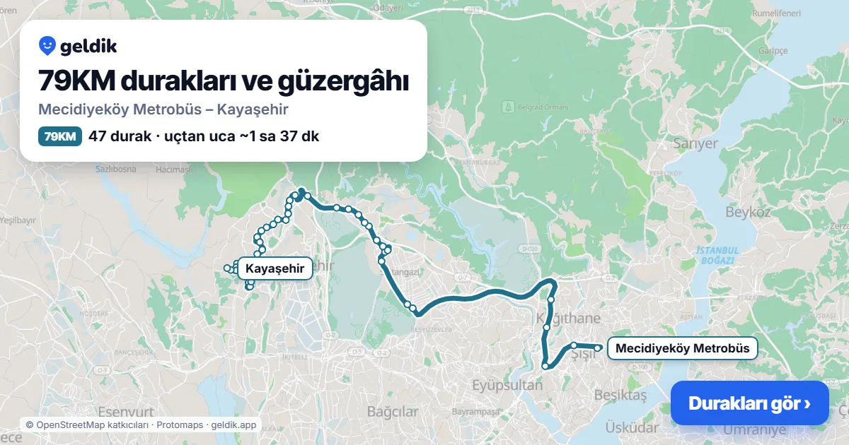 79KM otobüs güzergâhı haritası: Mecidiyeköy Metrobüs – Kayaşehir, 47 durak
