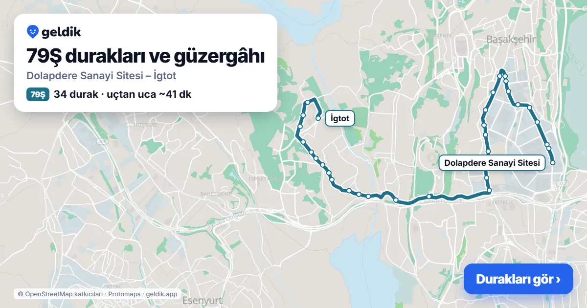 79Ş otobüs güzergâhı haritası: Dolapdere Sanayi Sitesi – İgtot, 34 durak