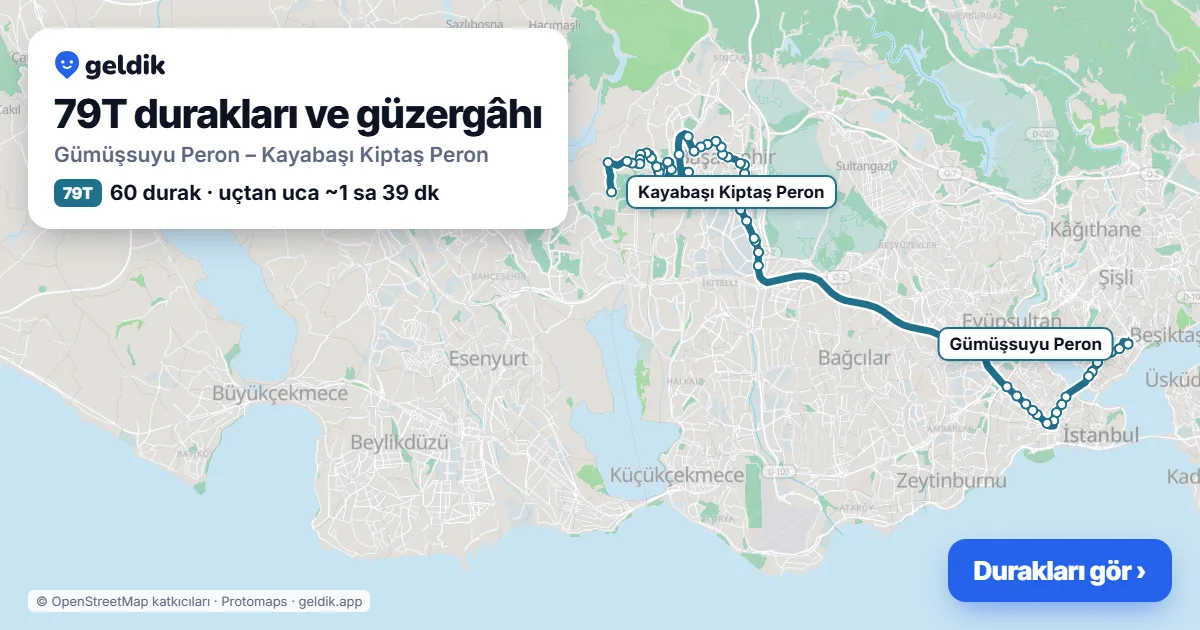 79T otobüs güzergâhı haritası: Gümüşsuyu Peron – Kayabaşı Kiptaş Peron, 60 durak