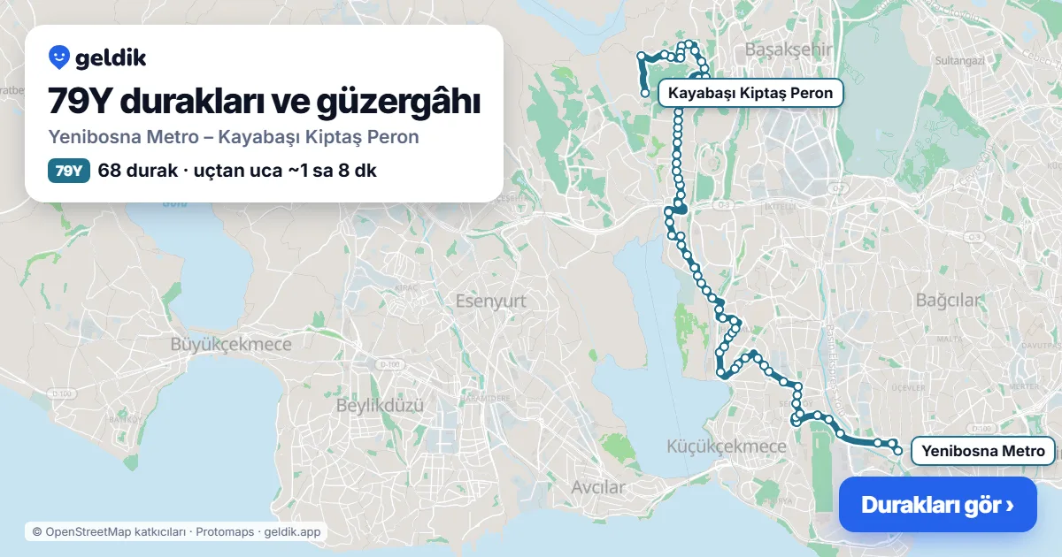 79Y bus route map: Yenibosna Metro – Kayabaşı Kiptaş Peron, 68 stops