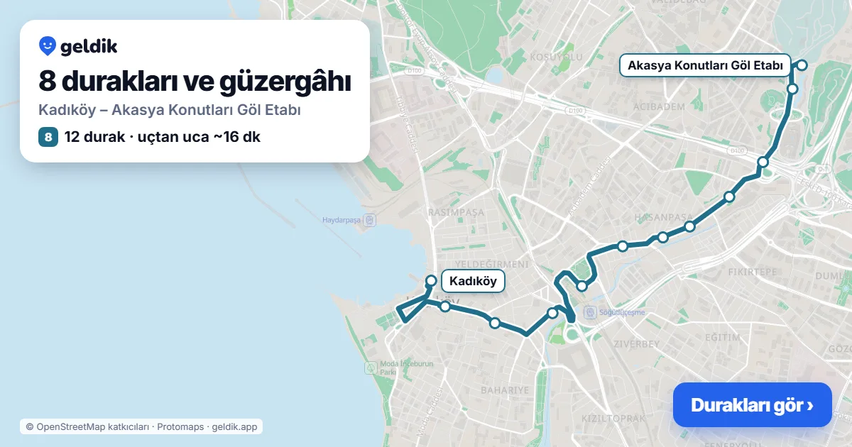 8 otobüs güzergâhı haritası: Kadıköy – Akasya Konutları Göl Etabı, 12 durak