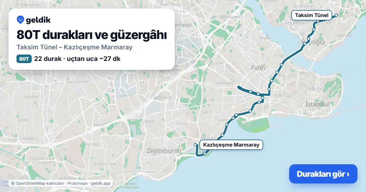 80T otobüs güzergâhı haritası: Taksim Tünel – Kazlıçeşme Marmaray, 22 durak