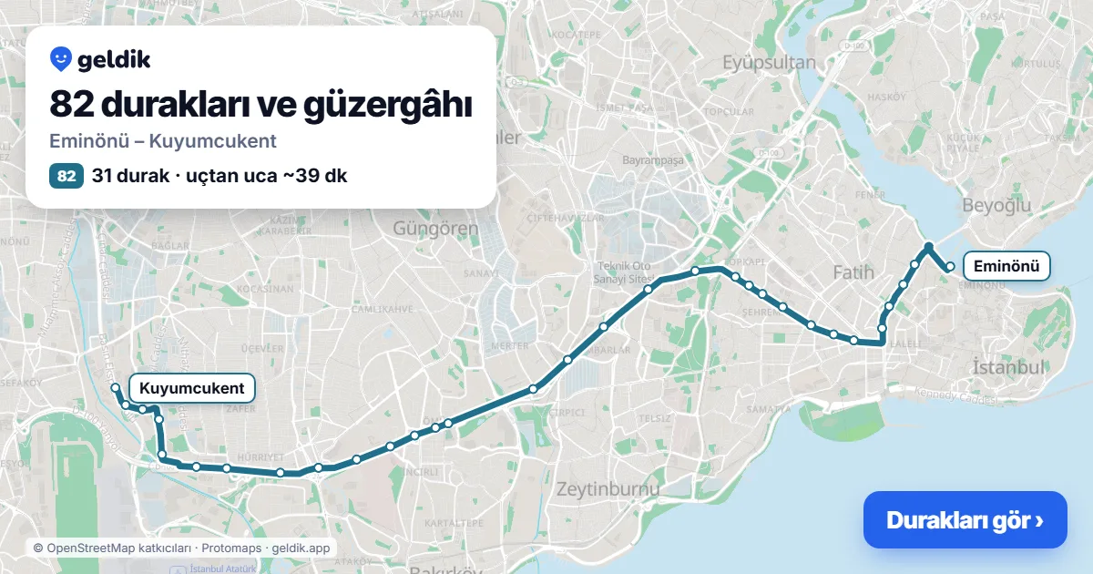 82 otobüs güzergâhı haritası: Eminönü – Kuyumcukent, 31 durak