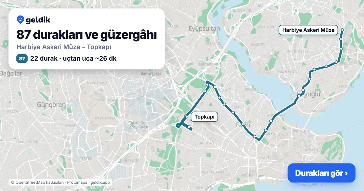 87 otobüs güzergâhı haritası: Harbiye Askeri Müze – Topkapı, 22 durak
