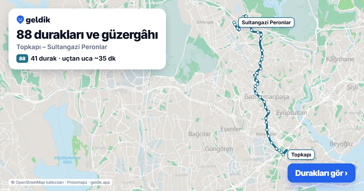 88 otobüs güzergâhı haritası: Topkapı – Sultangazi Peronlar, 41 durak