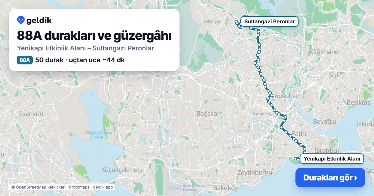 88A otobüs güzergâhı haritası: Yenikapı Etkinlik Alanı – Sultangazi Peronlar, 50 durak