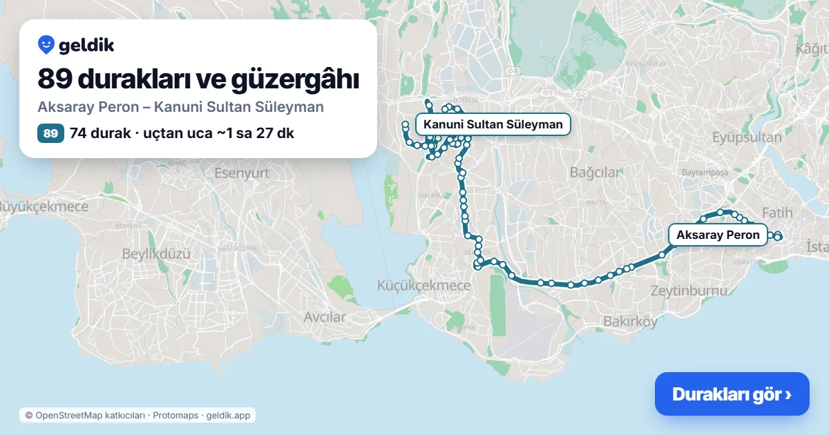 89 otobüs güzergâhı haritası: Aksaray Peron – Kanuni Sultan Süleyman, 74 durak