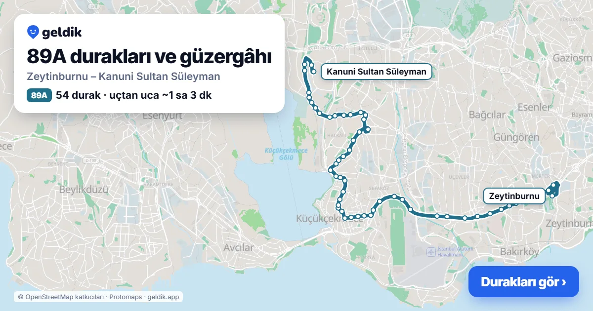 89A otobüs güzergâhı haritası: Zeytinburnu – Kanuni Sultan Süleyman, 54 durak