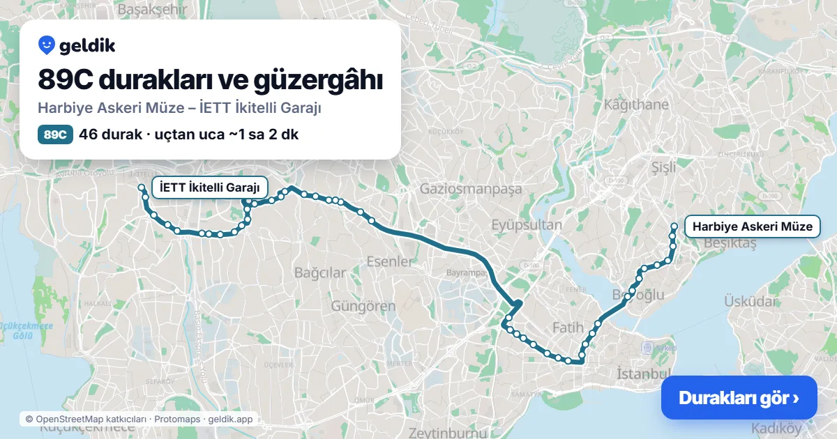 89C otobüs güzergâhı haritası: Harbiye Askeri Müze – İETT İkitelli Garajı, 46 durak