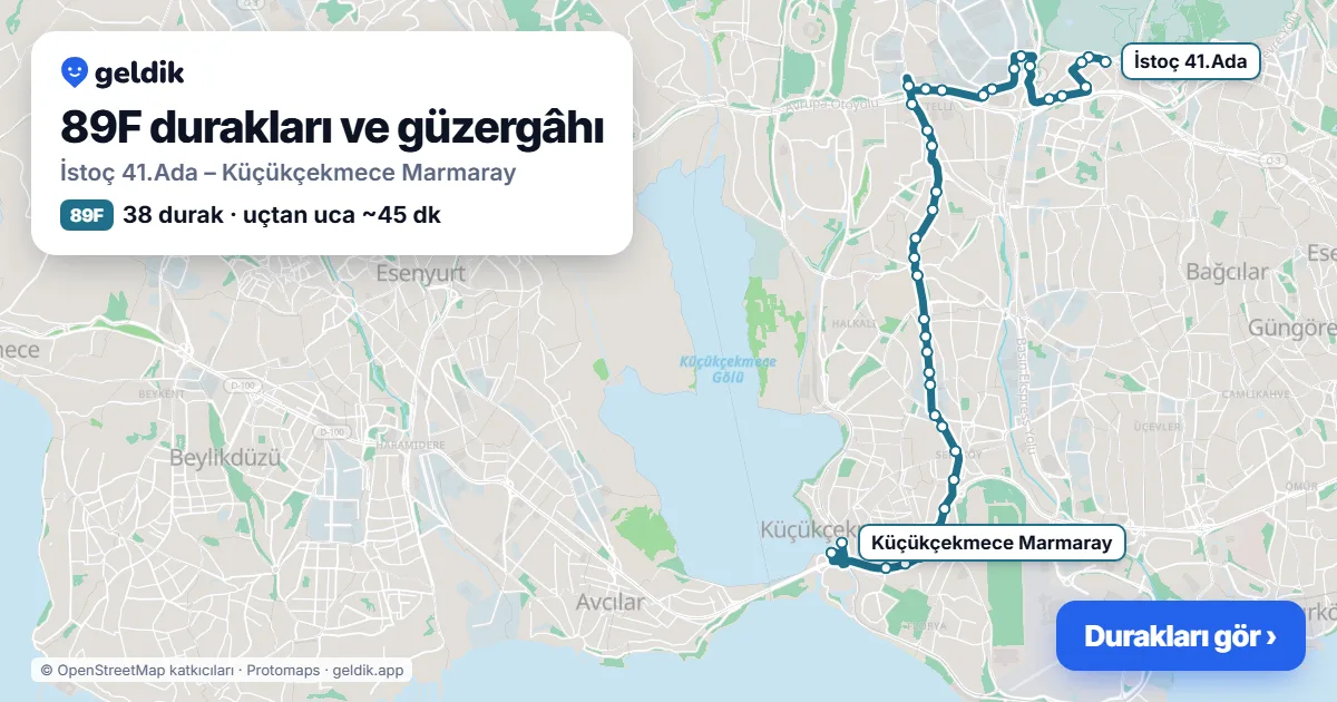 89F otobüs güzergâhı haritası: İstoç 41.Ada – Küçükçekmece Marmaray, 38 durak