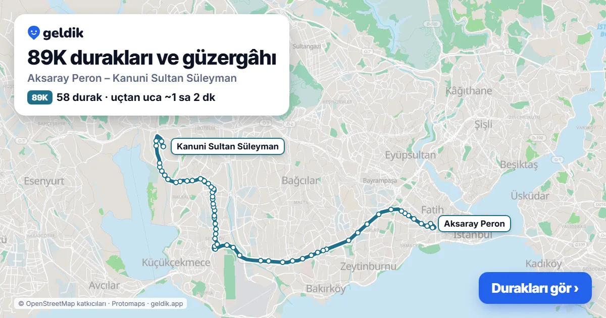 89K otobüs güzergâhı haritası: Aksaray Peron – Kanuni Sultan Süleyman, 58 durak