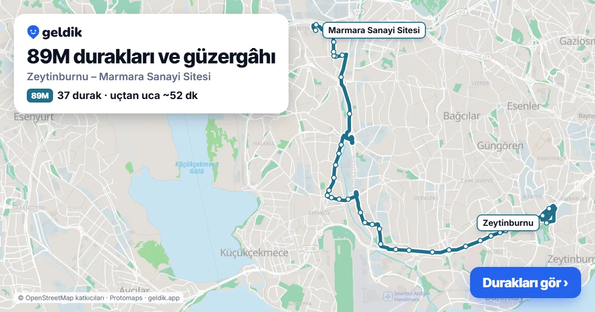 89M otobüs güzergâhı haritası: Zeytinburnu – Marmara Sanayi Sitesi, 37 durak