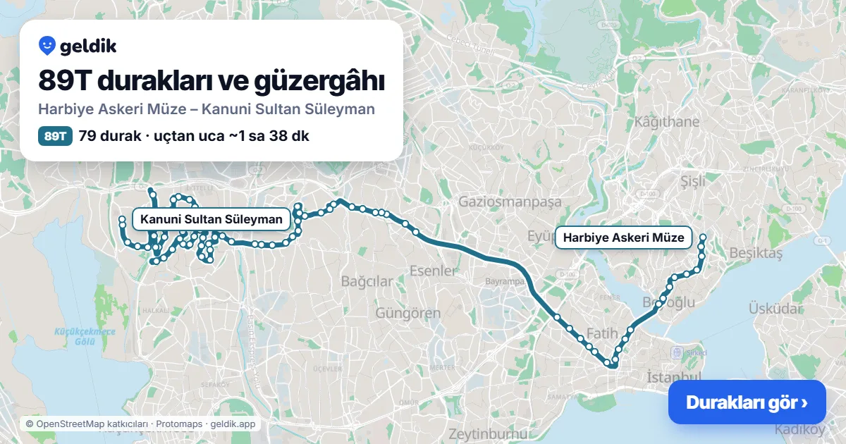 89T otobüs güzergâhı haritası: Harbiye Askeri Müze – Kanuni Sultan Süleyman, 79 durak