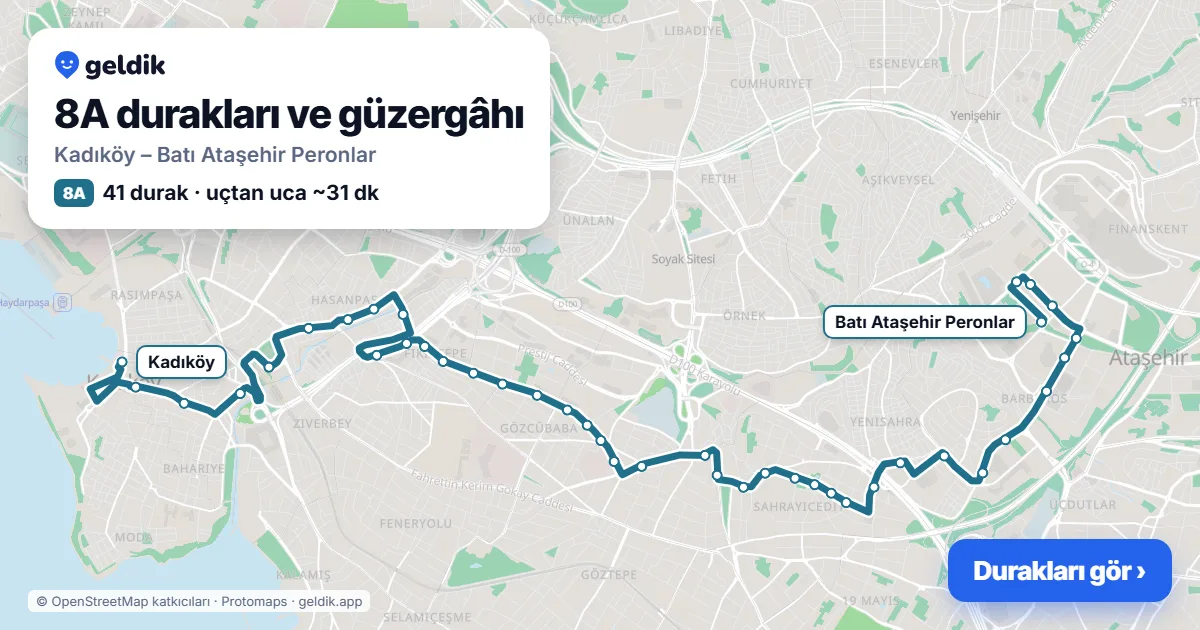 8A otobüs güzergâhı haritası: Kadıköy – Batı Ataşehir Peronlar, 41 durak