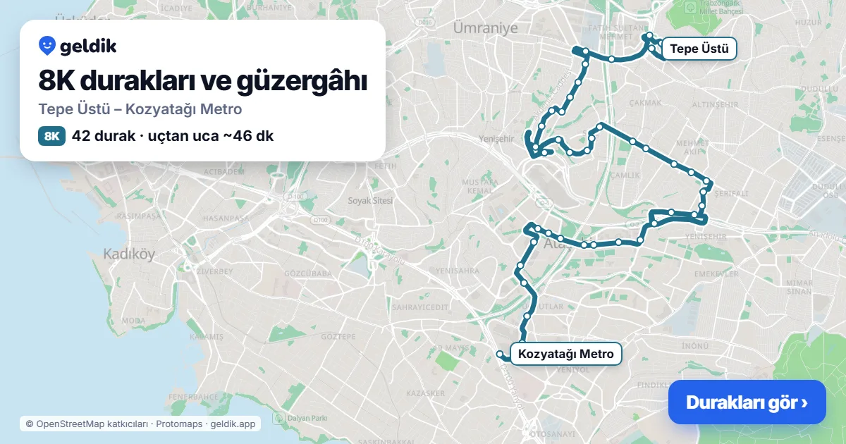 8K otobüs güzergâhı haritası: Tepe Üstü – Kozyatağı Metro, 42 durak