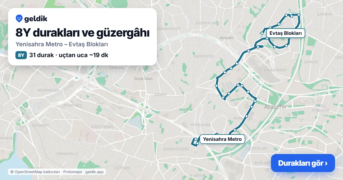 8Y otobüs güzergâhı haritası: Yenisahra Metro – Evtaş Blokları, 31 durak