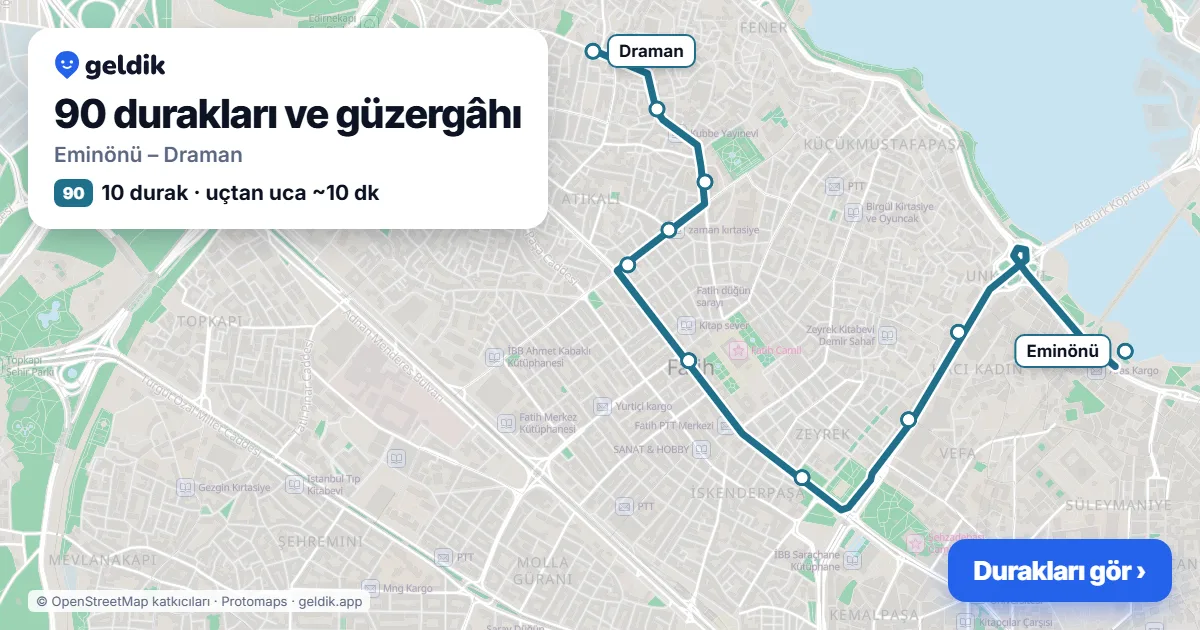 90 otobüs güzergâhı haritası: Eminönü – Draman, 10 durak