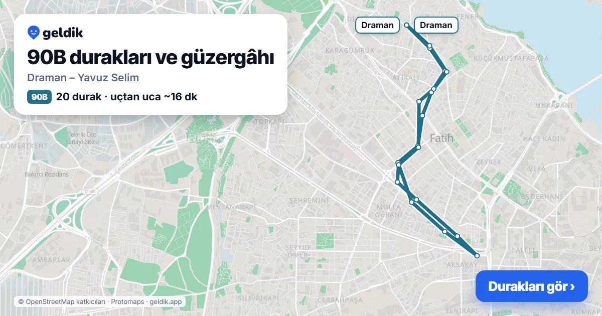90B otobüs güzergâhı haritası: Draman – Yavuz Selim, 20 durak