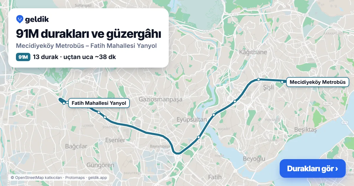 91M otobüs güzergâhı haritası: Mecidiyeköy Metrobüs – Fatih Mahallesi Yanyol, 13 durak