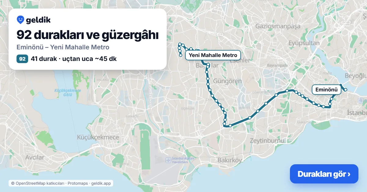 92 otobüs güzergâhı haritası: Eminönü – Yeni Mahalle Metro, 41 durak
