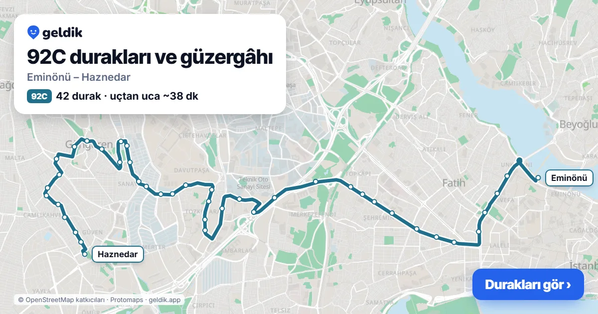 92C otobüs güzergâhı haritası: Eminönü – Haznedar, 42 durak