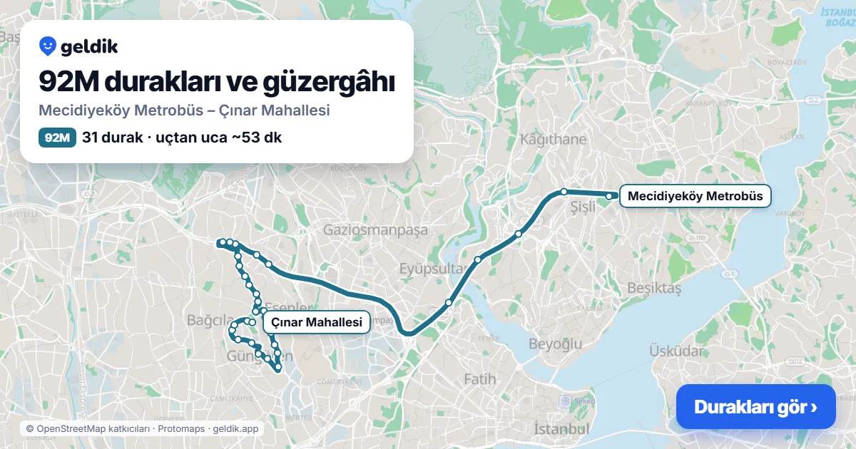 92M otobüs güzergâhı haritası: Mecidiyeköy Metrobüs – Çınar Mahallesi, 31 durak