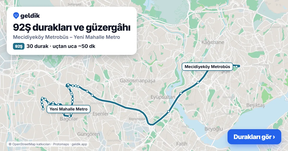 92Ş otobüs güzergâhı haritası: Mecidiyeköy Metrobüs – Yeni Mahalle Metro, 30 durak