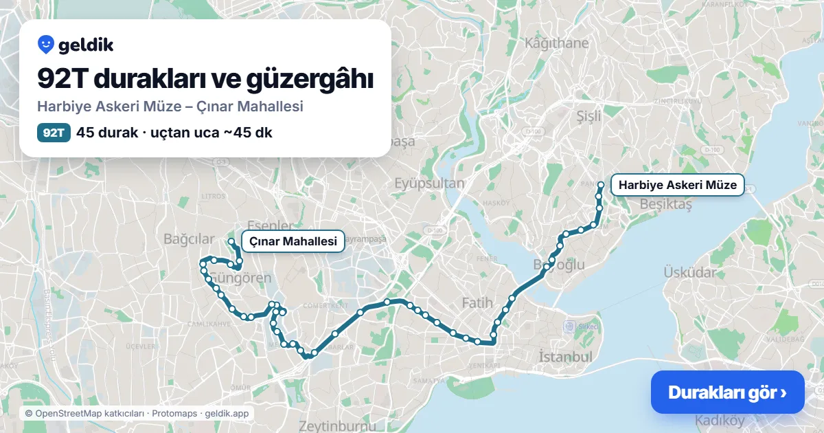 92T bus route map: Harbiye Askeri Müze – Çınar Mahallesi, 45 stops