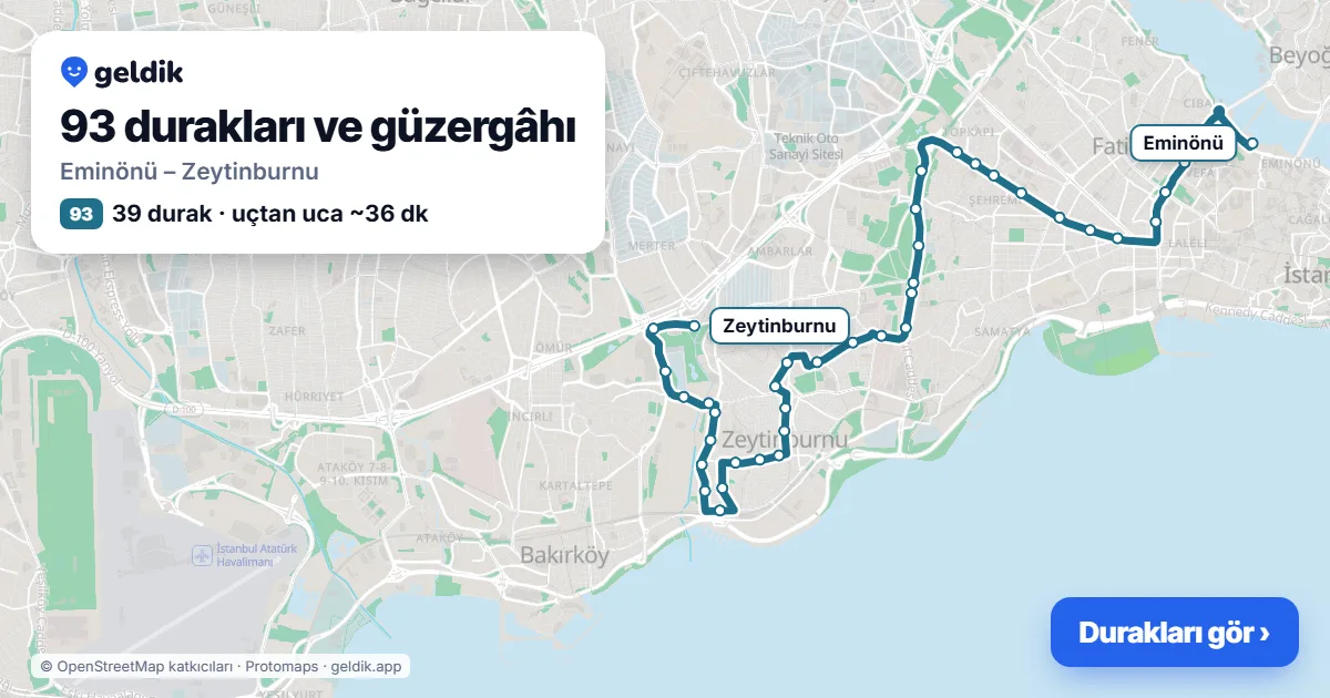 93 otobüs güzergâhı haritası: Eminönü – Zeytinburnu, 39 durak