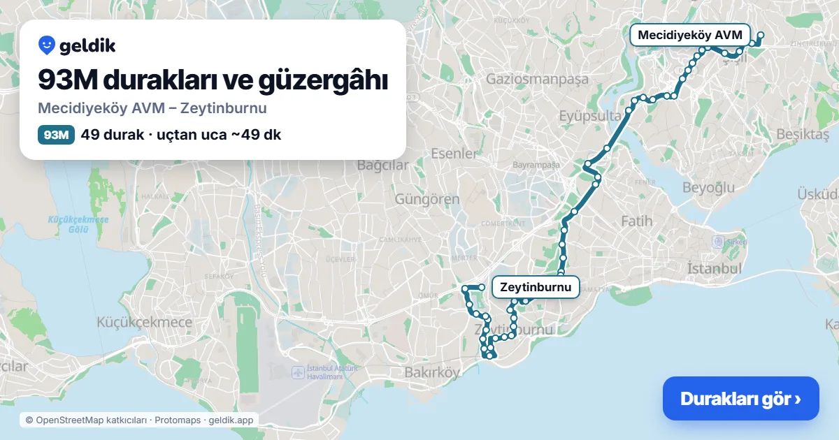 93M otobüs güzergâhı haritası: Mecidiyeköy AVM – Zeytinburnu, 49 durak