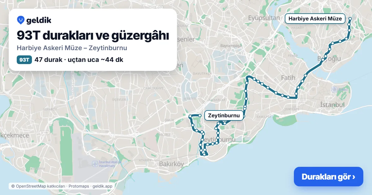 93T bus route map: Harbiye Askeri Müze – Zeytinburnu, 47 stops