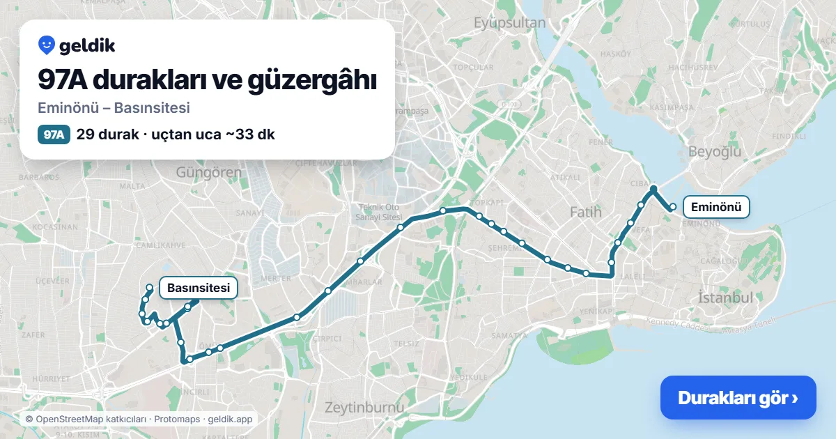 97A otobüs güzergâhı haritası: Eminönü – Basınsitesi, 29 durak