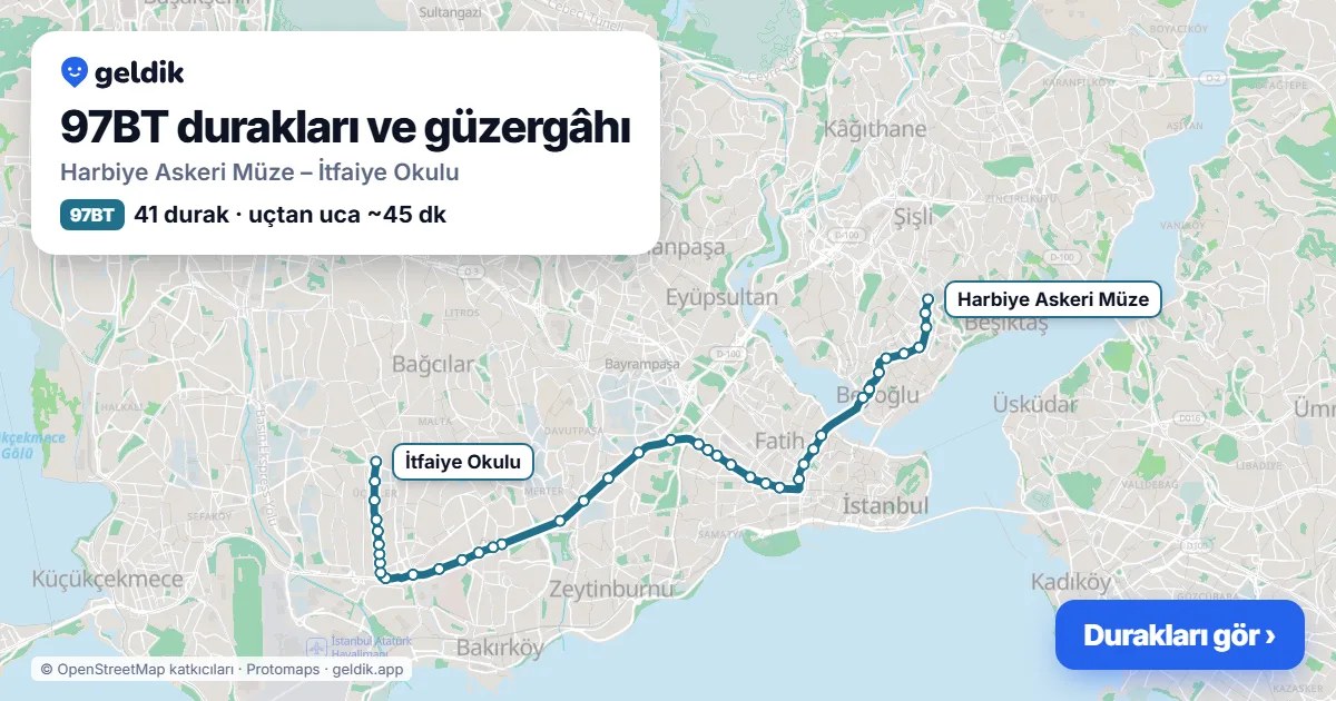 97BT otobüs güzergâhı haritası: Harbiye Askeri Müze – İtfaiye Okulu, 41 durak