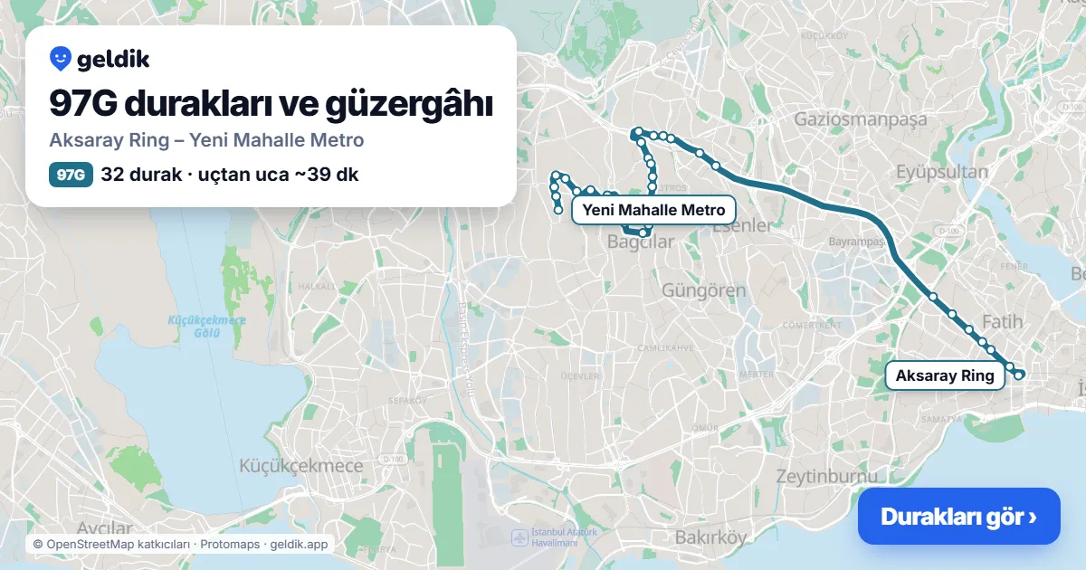 97G otobüs güzergâhı haritası: Aksaray Ring – Yeni Mahalle Metro, 32 durak