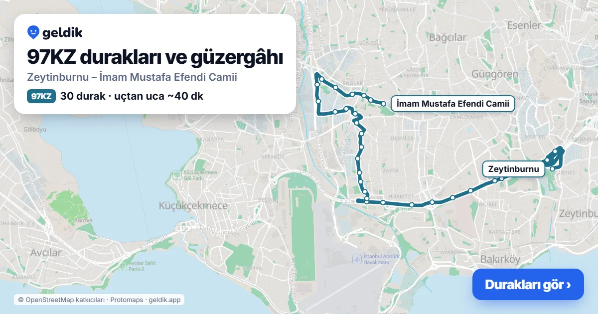 97KZ otobüs güzergâhı haritası: Zeytinburnu – İmam Mustafa Efendi Camii, 30 durak