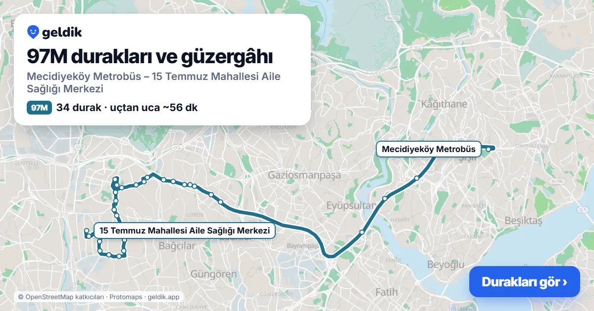 97M otobüs güzergâhı haritası: Mecidiyeköy Metrobüs – 15 Temmuz Mahallesi Aile Sağlığı Merkezi, 34 durak