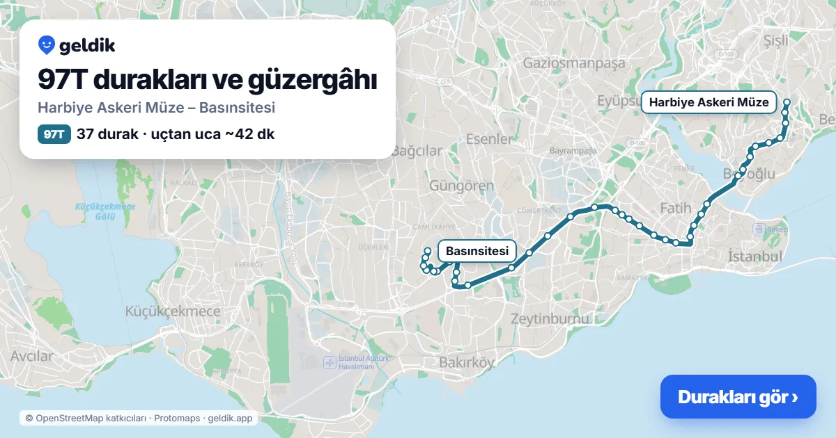 97T otobüs güzergâhı haritası: Harbiye Askeri Müze – Basınsitesi, 37 durak