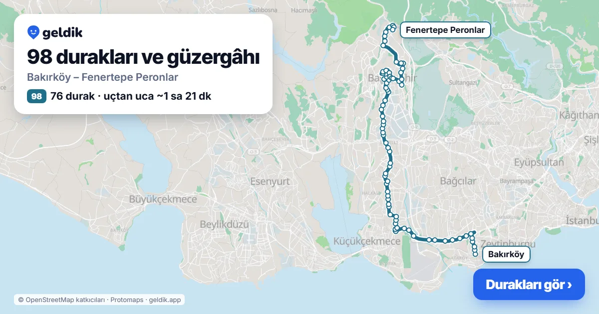 98 otobüs güzergâhı haritası: Bakırköy – Fenertepe Peronlar, 76 durak