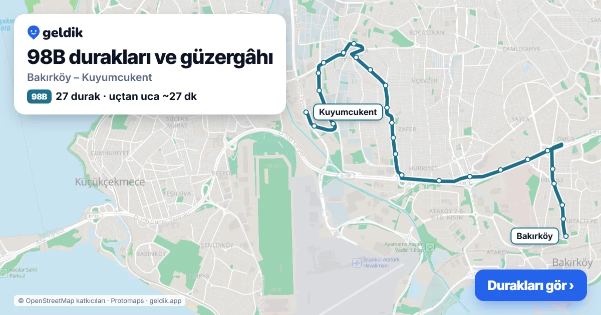 98B otobüs güzergâhı haritası: Bakırköy – Kuyumcukent, 27 durak