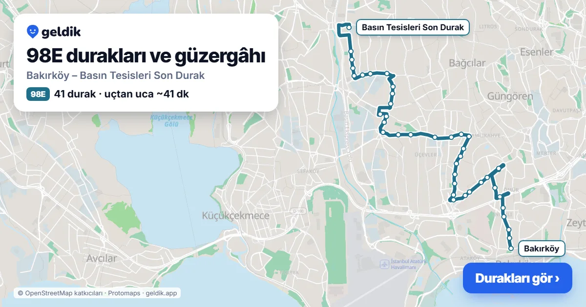 98E otobüs güzergâhı haritası: Bakırköy – Basın Tesisleri Son Durak, 41 durak