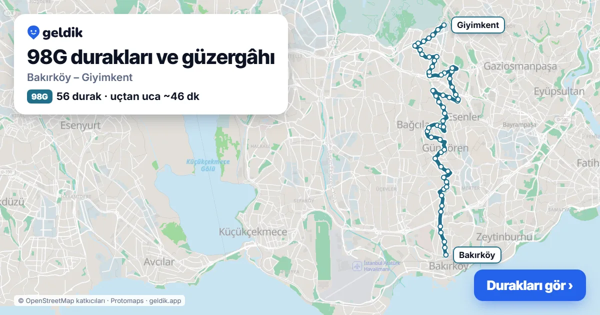 98G bus route map: Bakırköy – Giyimkent, 56 stops