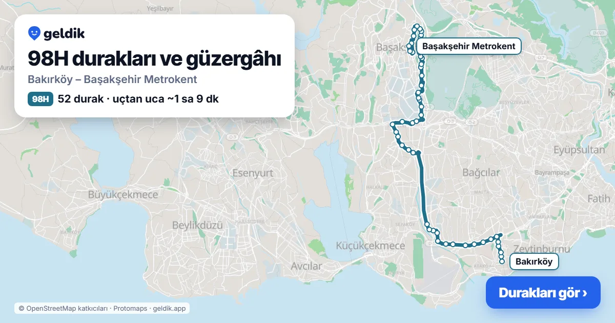 98H otobüs güzergâhı haritası: Bakırköy – Başakşehir Metrokent, 52 durak
