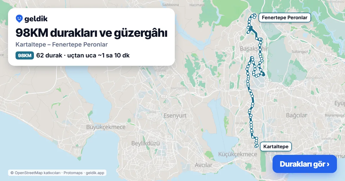 98KM bus route map: Kartaltepe – Fenertepe Peronlar, 62 stops