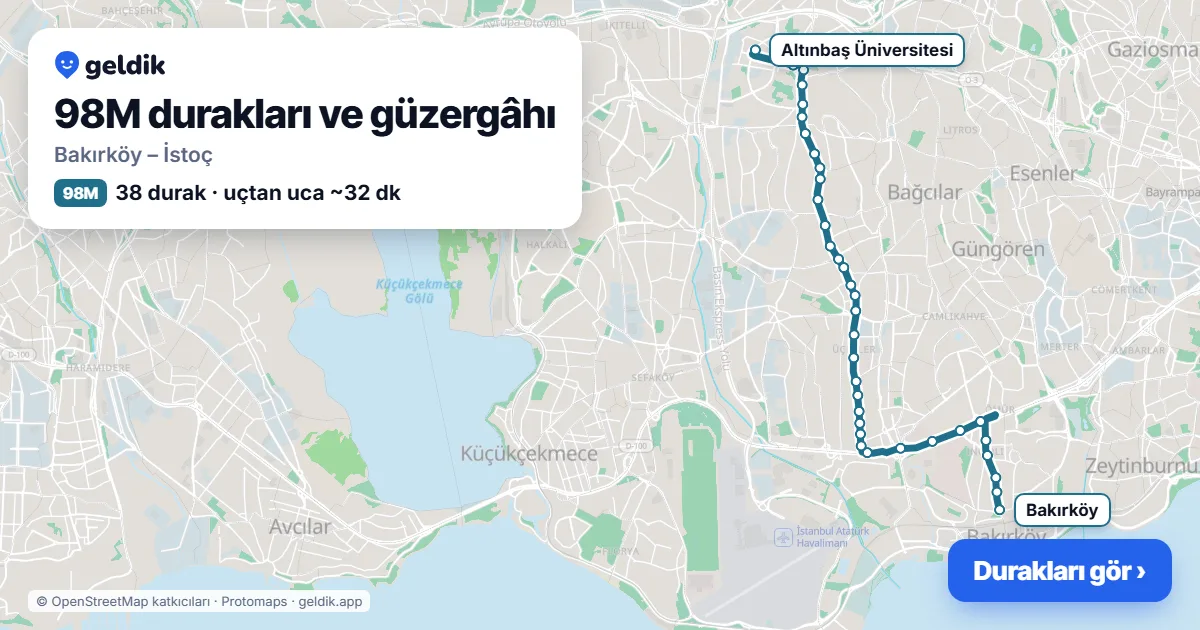 98M otobüs güzergâhı haritası: Bakırköy – İstoç, 38 durak