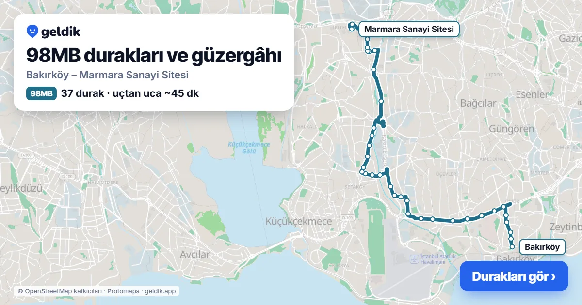 98MB otobüs güzergâhı haritası: Bakırköy – Marmara Sanayi Sitesi, 37 durak