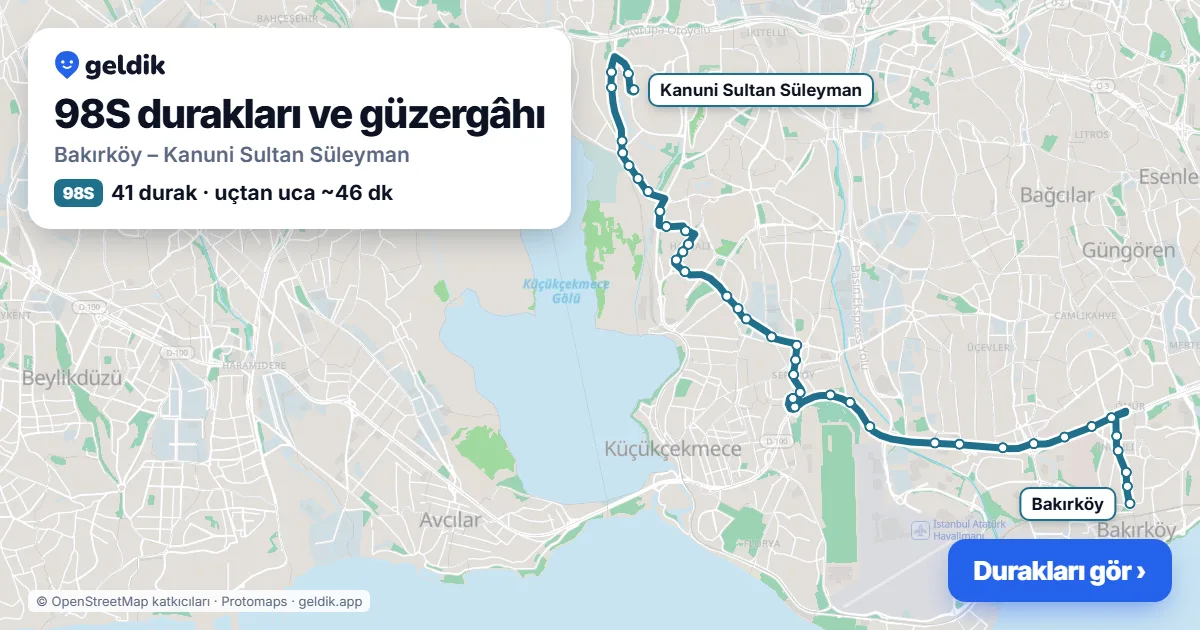 98S otobüs güzergâhı haritası: Bakırköy – Kanuni Sultan Süleyman, 41 durak