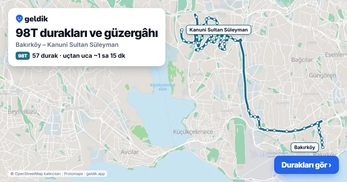 98T otobüs güzergâhı haritası: Bakırköy – Kanuni Sultan Süleyman, 57 durak