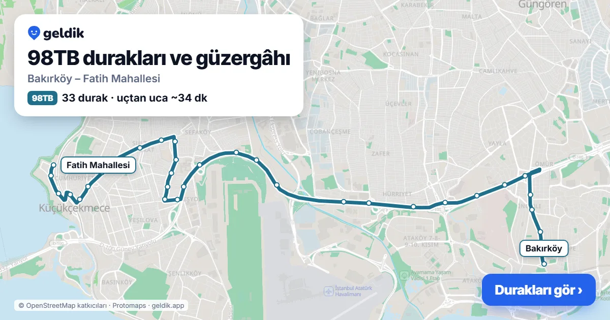 98TB otobüs güzergâhı haritası: Bakırköy – Fatih Mahallesi, 33 durak