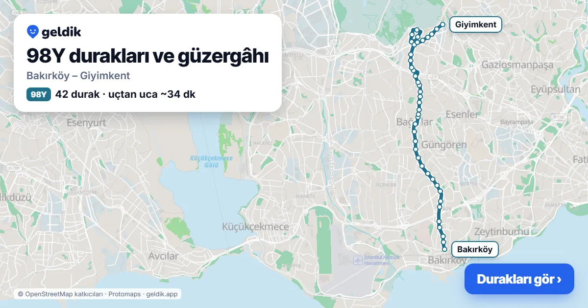 98Y otobüs güzergâhı haritası: Bakırköy – Giyimkent, 42 durak