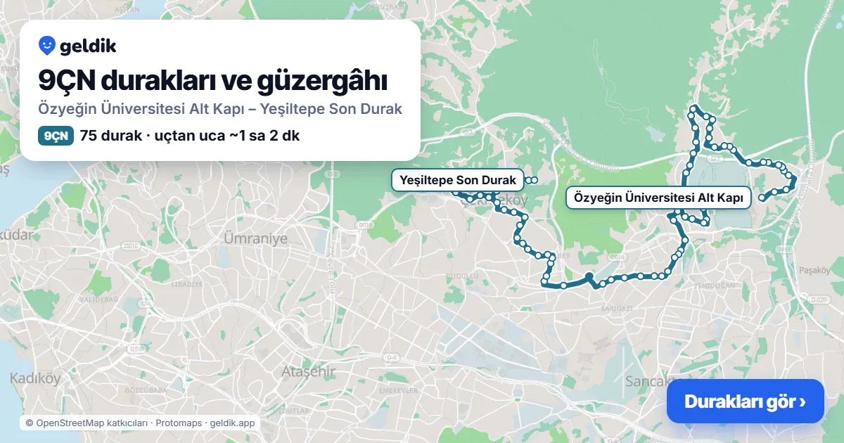 9ÇN bus route map: Özyeğin Üniversitesi Alt Kapı – Yeşiltepe Son Durak, 75 stops